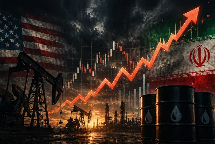 Прапори США та Ірану з нафтовими вишками й висхідним графіком цін