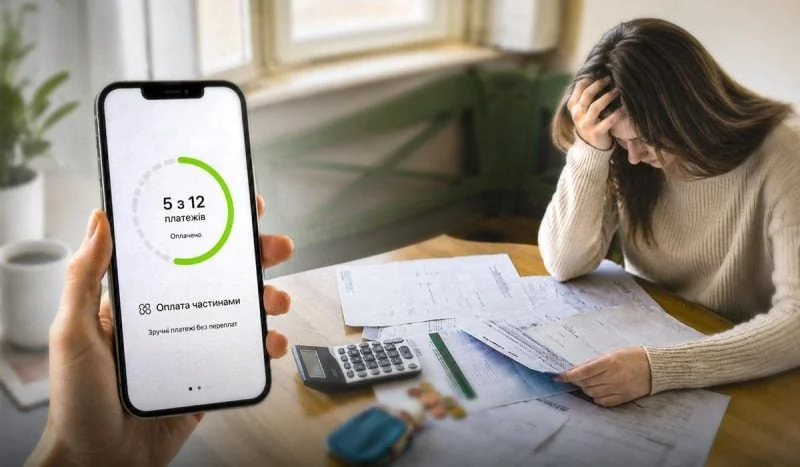 Смартфон з додатком оплати частинами та жінка за столом з документами
