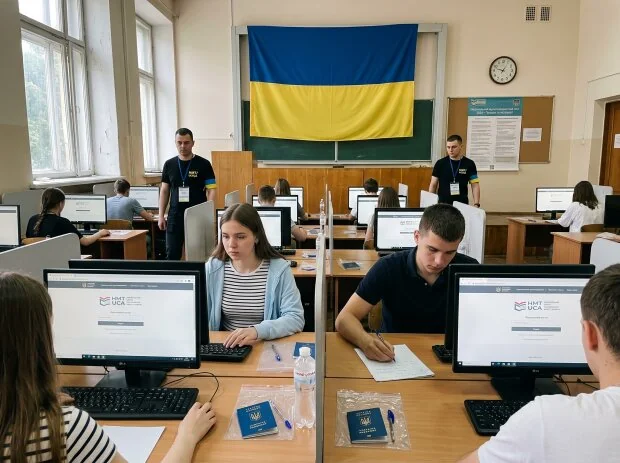 Учасники НМТ складають тест у компютерній аудиторії з прапором України