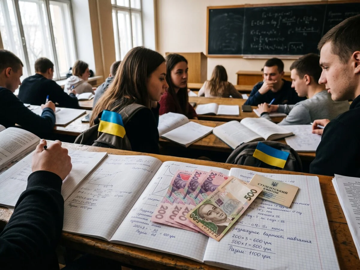 Новый подход к бюджетным местам в вузах: прогноз на 10 лет Студенты вуза в аудитории с гривнами на тетрадях во время обучения