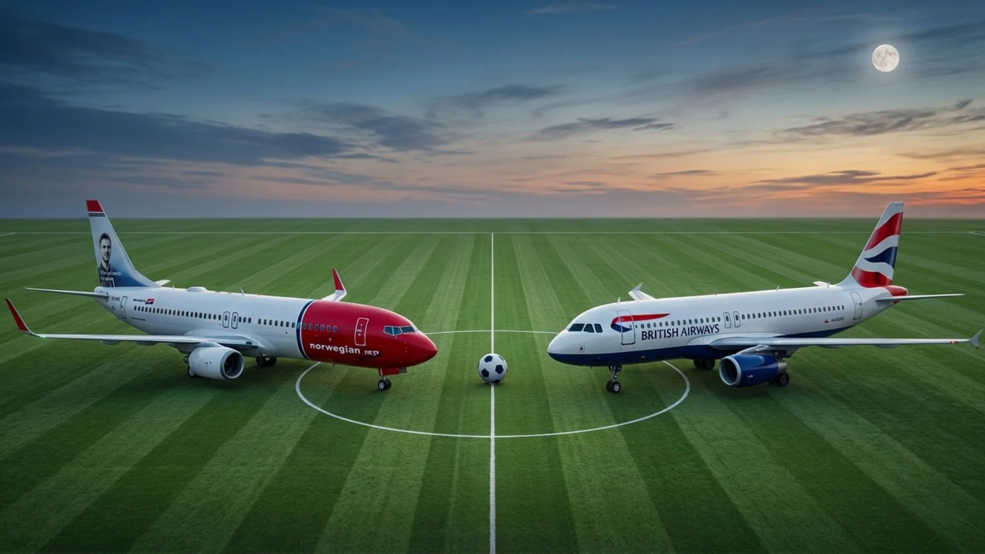 Літаки Norwegian та British Airways на футбольному полі під час парі