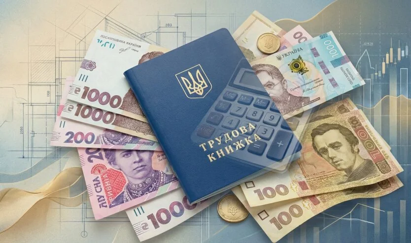 Трудова книжка з гривнями та калькулятором на тлі пенсійної реформи