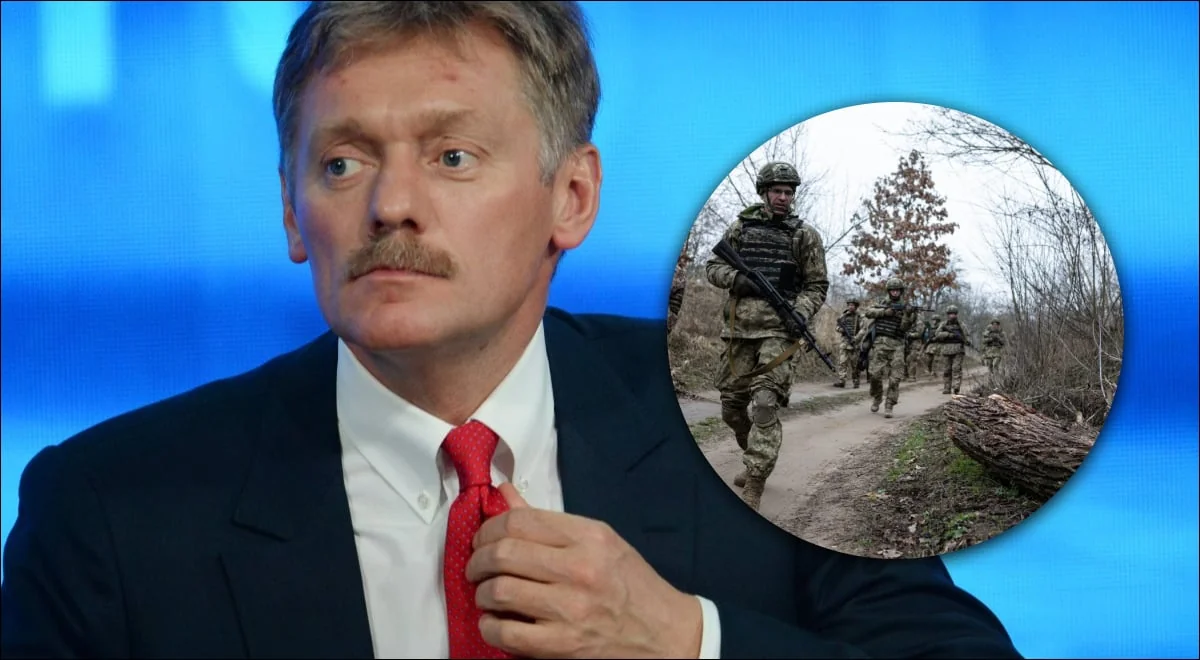 Дмитро Пєсков на тлі солдатів про перетворення СВО на війну
