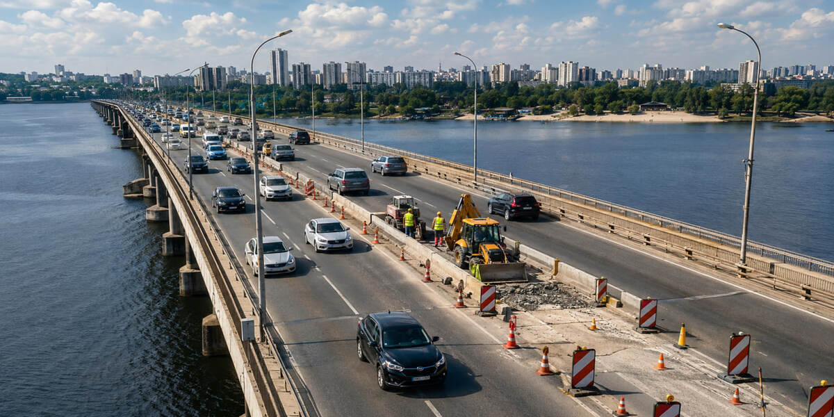 Південний мост Києва під час ремонту асфальту з обмеженням руху однією смугою