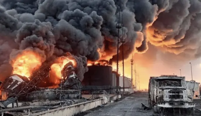 Палаючі склади пально-мастильних матеріалів після удару СБУ по логістиці ворога