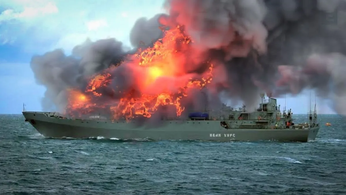 Російський корабель Іван Хурс у вогні після удару СБУ в Чорному морі