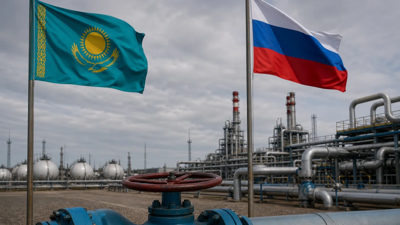 Суд в Казахстане отменил взыскание 1,4 млрд долл. с Газпрома Флаги Казахстана и России на фоне газового комплекса Газпрома