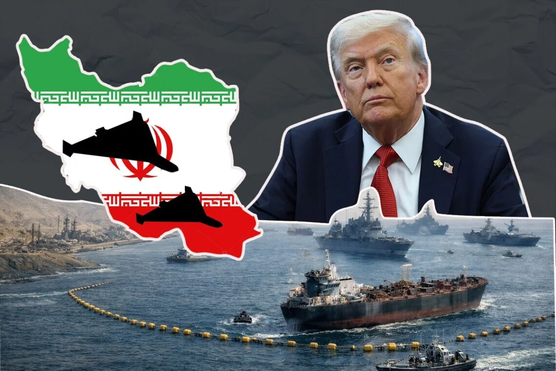 Дональд Трамп на тлі карти Ірану та військових кораблів в Ормузькій протоці