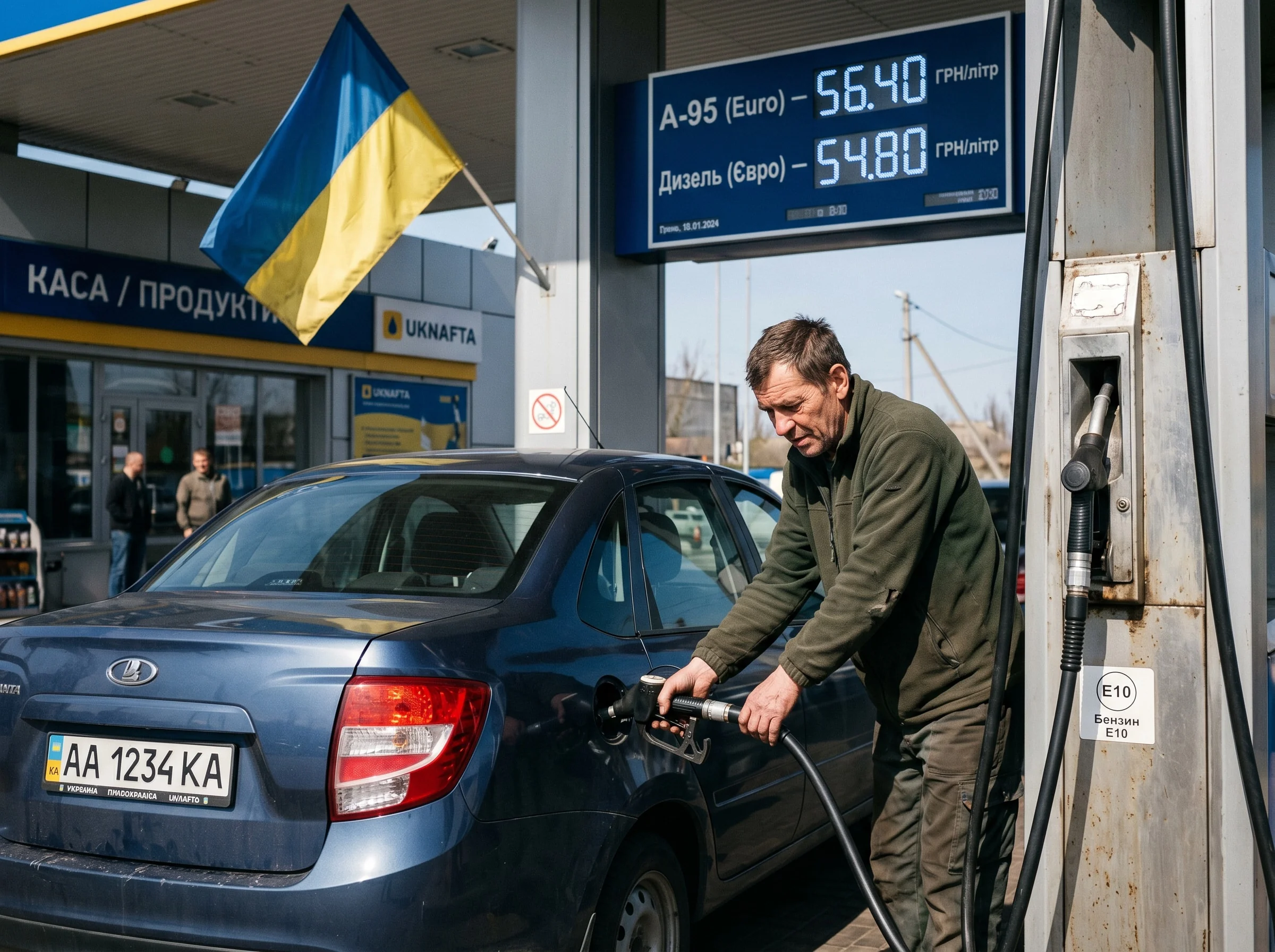 Чоловік заправляє авто на АЗС Укрнафта з цінами на бензин і дизель