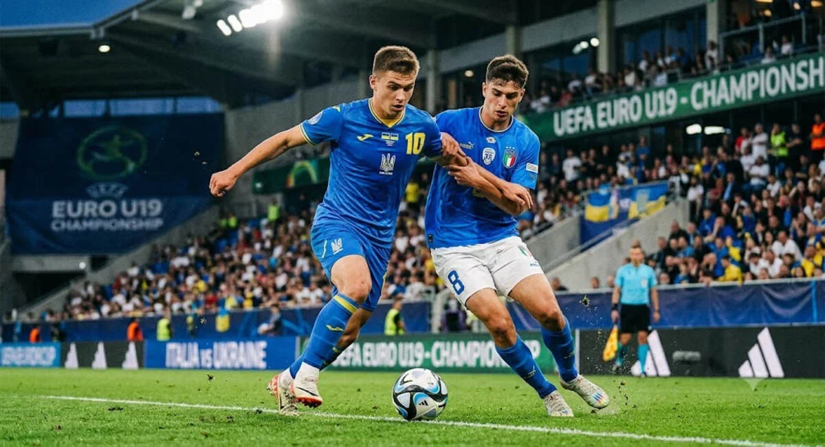 Гравець збірної України U-19 веде боротьбу з італійцем на Євро-2026