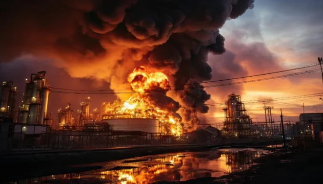 Пожежа на Омському нафтопереробному заводі після удару українських дронів