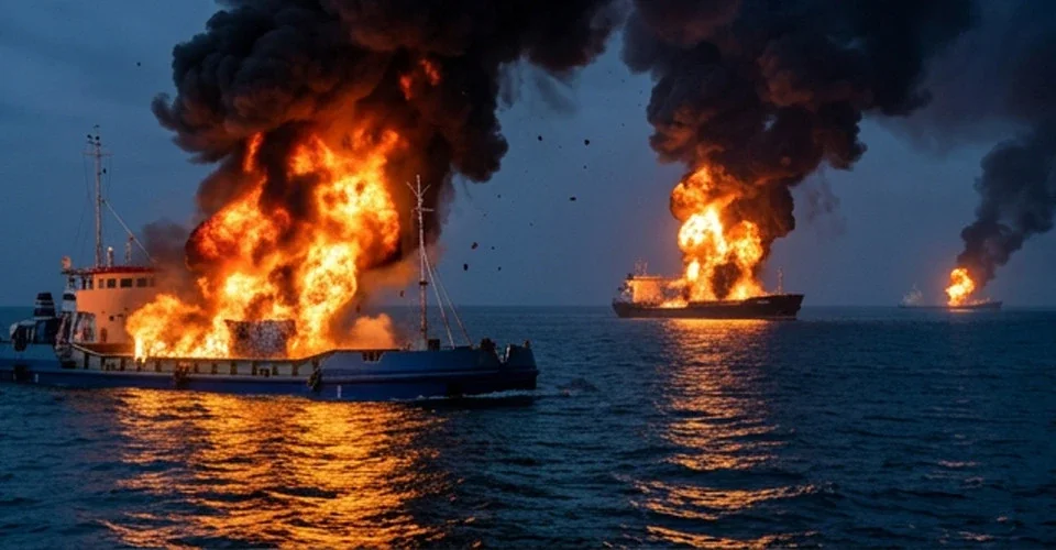 Палаючі танкеры тіньового флоту РФ в Азовському морі після удару дронів