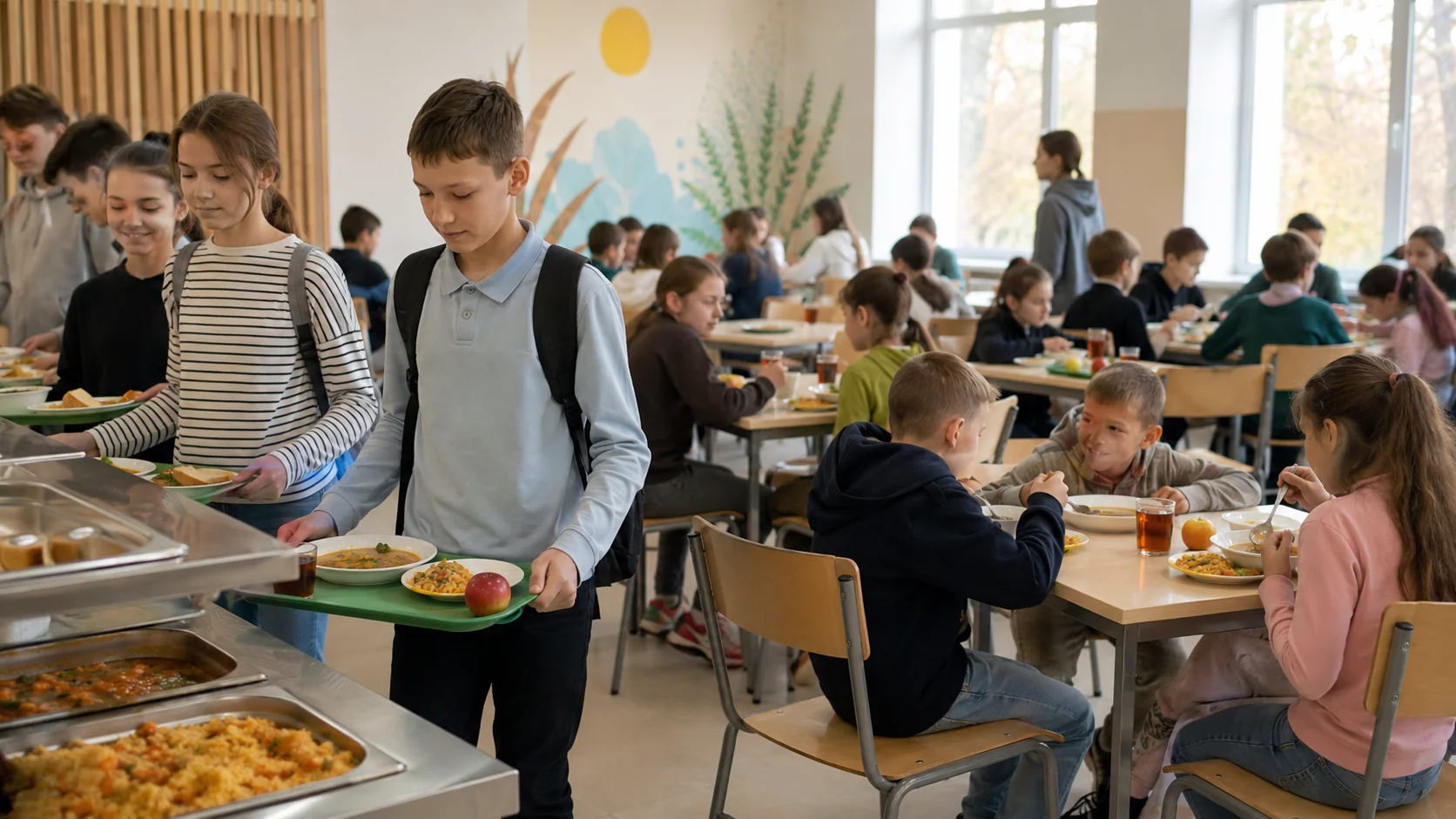 Школярі за безкоштовним харчуванням у шкільній їдальні