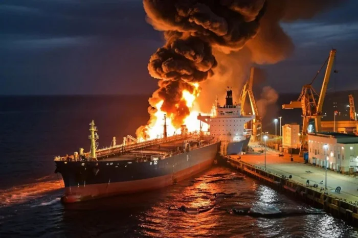 Палаючий танкер РФ у порту після удару ЗСУ в Чорному морі